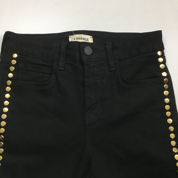 L'AGENCE Black Noir Wash Gold Studded Margot High Rise Slim Fit Skinny Jeans - Picture 3 of 9